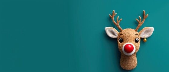 A playful reindeer head decoration with a bright red nose, set against a teal background, perfect for holiday cheer.