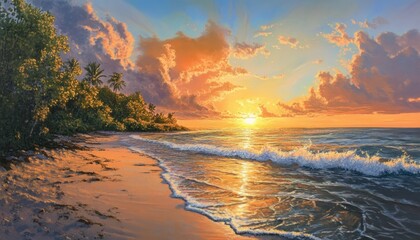 Sticker - Sunset Over Tropical Beach with Foamy Waves and Palm Trees