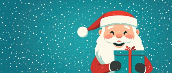 Cheerful Santa Claus holding a gift, surrounded by falling snowflakes, perfect for festive holiday designs and decorations.