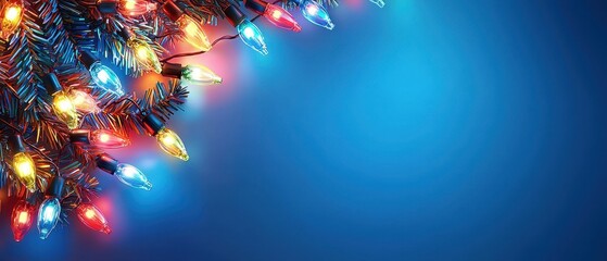 Wall Mural - Vibrant holiday lights on a blue background create a festive ambiance perfect for winter celebrations and seasonal decorations.