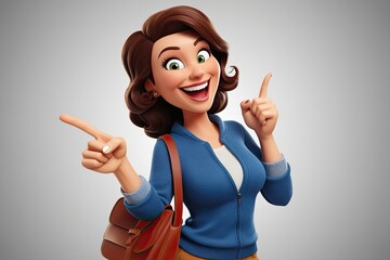 3D Illustration of Joyful Cartoon Woman in Casual Attire Pointing Excitedly