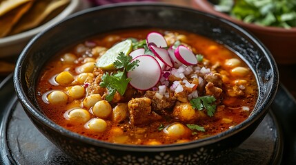 Wall Mural - there is a bowl of soup with meat and vegetables in it