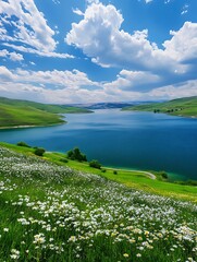 Wall Mural - there is a large body of water surrounded by green hills