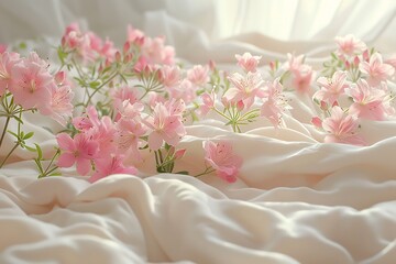 Wall Mural - there are pink flowers that are on a white sheet