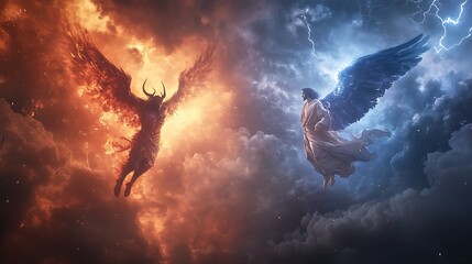 Wall Mural - there are two angels flying in the sky with a fire and lightning