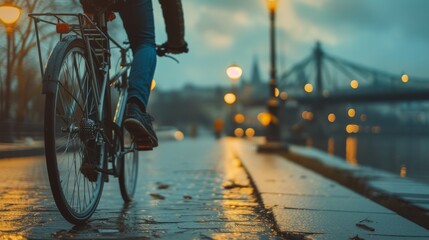 A cyclist navigates a wet city path as dawn breaks, with streetlights reflecting off the damp pavement. The early morning scene captures a sense of urban adventure and the quiet beauty of a city