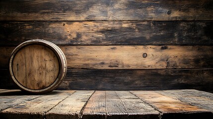 Poster - Wooden Barrel on Rustic Table Top