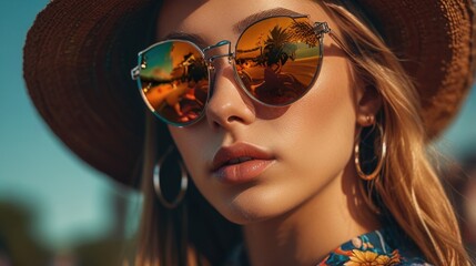 young beautiful woman with sunglasses at a summer music festival