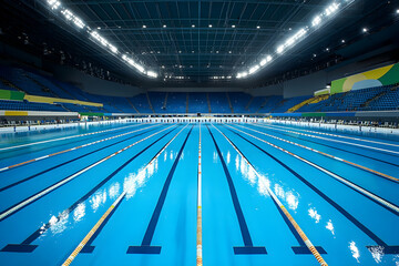 Wall Mural - Expansive indoor Olympic swimming pool with bright lights and empty seats, highlighting the clean, competitive venue