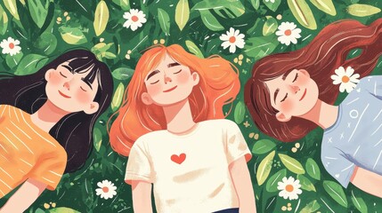 Three girls are laying in a field of flowers, smiling and enjoying the moment