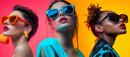 Fashionable collage of young people wearing summer sunglasses, set against a vibrant background