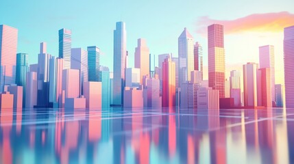 Wall Mural - Vibrant Futuristic City Skyline with Colorful Reflections on Water