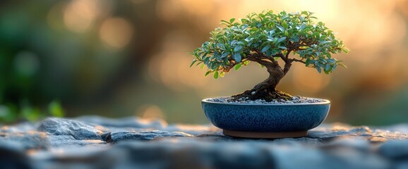 A serene bonsai tree in a blue pot, illuminated by warm sunlight.