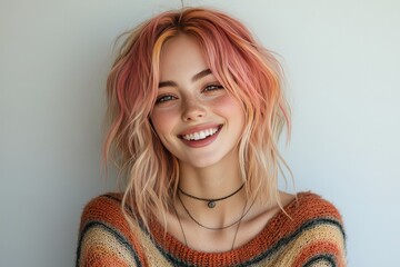 A smiling young woman with colorful hair wearing a cozy sweater.