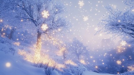 Wall Mural - Snow-Covered Trees with Glittering Lights in a Winter Wonderland