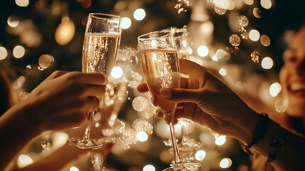 Friends celebrating New Year's Eve with champagne toasts amidst shimmering lights and festive decorations