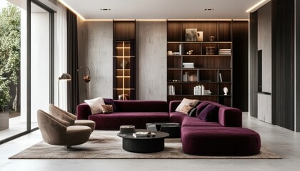 Wall Mural - Modern Living Room with Burgundy Sectional Sofa and Bookshelves