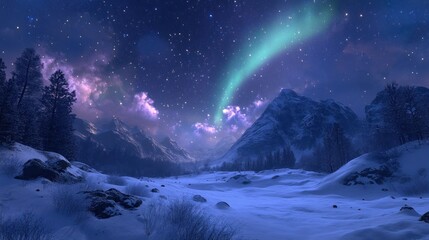 Canvas Print - Snow-Covered Mountains Under a Starry Sky with an Aurora Borealis