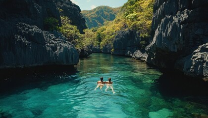 Poster - Two People Floating in a Tranquil Lagoon Surrounded by Lush Green Cliffs