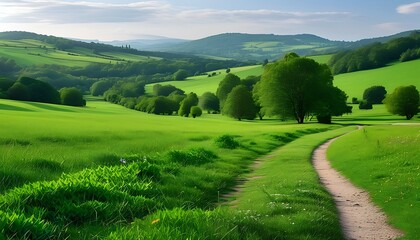 Lush green fields, dotted with paths, trees and distant hills, add natural tranquility and beauty to the countryside.