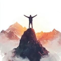 A character standing on a mountain peak, arms outstretched towards the horizon, with a look of triumph and dreams of conquering new challenges