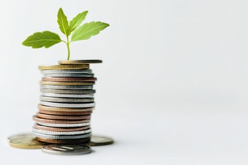 Wall Mural - Coins stacked with a sprouting plant on top.