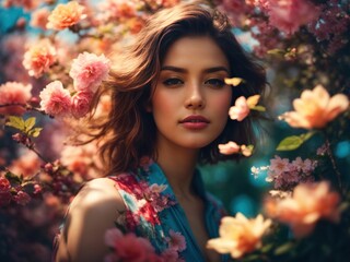 double exposure Outdoor fashion photo of beautiful young woman surrounded by flowers. Spring blossom