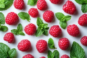 Sticker - A vibrant arrangement of raspberries and mint leaves on a white background.