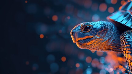 A close-up of a turtle with a vibrant, colorful background.