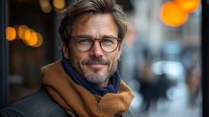 A stylish man wearing glasses and a scarf stands in an urban setting with blurred city lights in the background during late afternoon