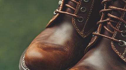 A close-up of polished brown leather boots with intricate lacing and stitching.