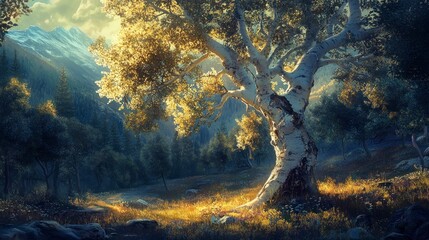 Wall Mural - A solitary birch tree stands tall in a forest clearing, bathed in the golden glow of the setting sun. The snowy peaks of mountains rise in the distance.