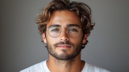 Wall Mural - Young man with glasses smiling against a neutral background in a cozy indoor setting during daylight