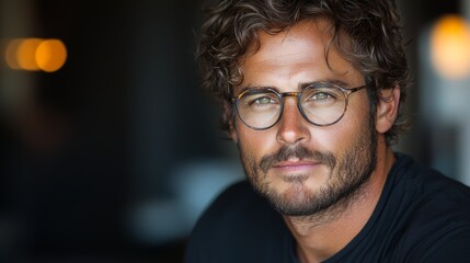 Wall Mural - Handsomeness and charm captured in an indoor setting featuring a man with curly hair and glasses during the golden hour