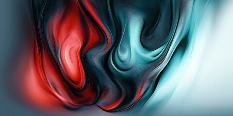 abstract liquid flow, fluid dynamics, metallic sheen, iridescent refractions, crimson red and teal blue contrasting colors, rippling curves, undulating shapes, fractal-like patterns, smooth rendering