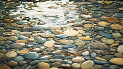 A pebbled riverbank ground with smooth stones of various colors, water ripples, and reflections under soft sunlight