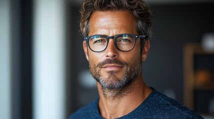 A confident man with glasses poses indoors, showcasing a stylish appearance and a thoughtful expression in a modern setting