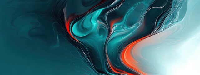 abstract liquid flow, fluid dynamics, metallic sheen, iridescent refractions, crimson red and teal blue contrasting colors, rippling curves, undulating shapes, fractal-like patterns, smooth rendering