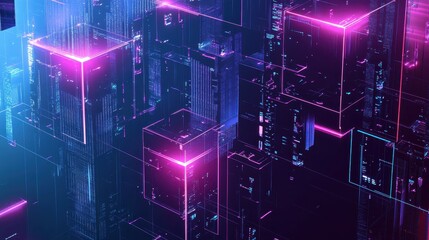 Ultramodern, cyberpunk cityscape with illuminated neon cubes hovering in the air, futuristic architectural patterns, glowing lights in pink and blue hues, sleek abstract geometry, digital dimension, v