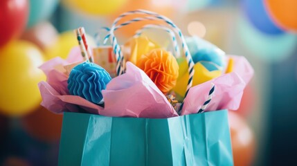 A colorful gift bag filled with party decorations and treats, perfect for celebrations.