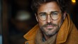 © Рудой Максим - A man with stylish glasses wearing a warm orange coat and scarf in a cozy indoor setting during the autumn season