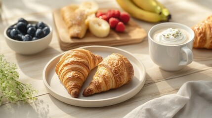 A cozy breakfast scene featuring croissants, fruit, and coffee in a bright setting.