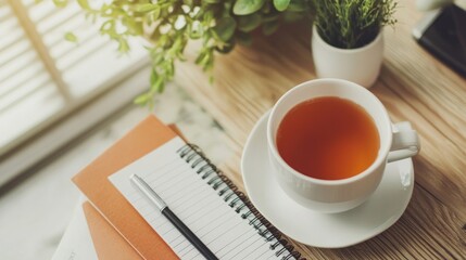 Canvas Print - A cozy workspace featuring a cup of tea, notepad, and plants, ideal for relaxation or productivity.