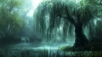 Poster - Enchanted Willow Tree by a Misty Lake