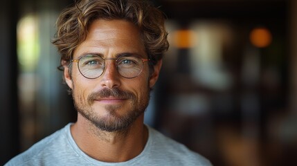 A confident man with curly hair and glasses smiles warmly indoors during daylight hours