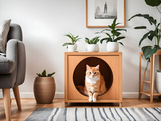 Wall Mural - Ginger cat in wooden cat house living room scandinavian modern interior