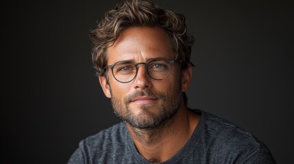 a young man with curly hair and glasses poses thoughtfully against a dark background in a casual att