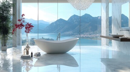 Wall Mural - Luxurious bathroom with a freestanding bathtub, marble flooring, a crystal chandelier, and panoramic windows