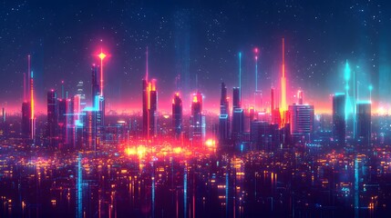 A vibrant futuristic skyline adorned with towering neon-lit buildings against a starry night sky. The atmosphere buzzes with energy, reflecting innovation and hope. Futuristic Urban Landscape