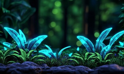 Wall Mural - glowing blue leaves in lush tropical jungle nighttime background illustration.